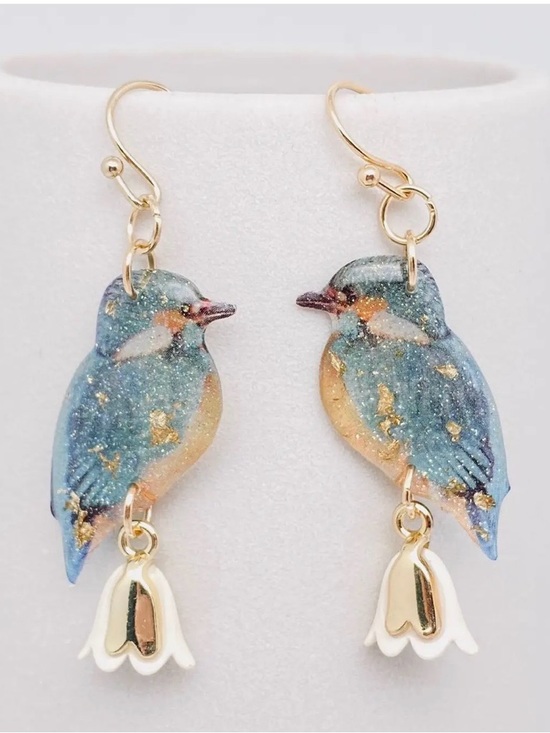 Jewelry - Blue and Gold Bird Drop Earrings with White Bell Charms New- Boutique